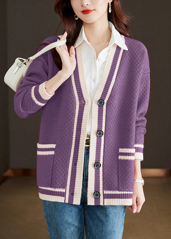 Purple Pockets Cozy Patchwork Knit Fall Cardigan V Neck QS024 OM-BB241010