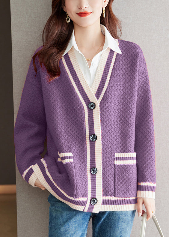 Purple Pockets Cozy Patchwork Knit Fall Cardigan V Neck QS024 OM-BB241010