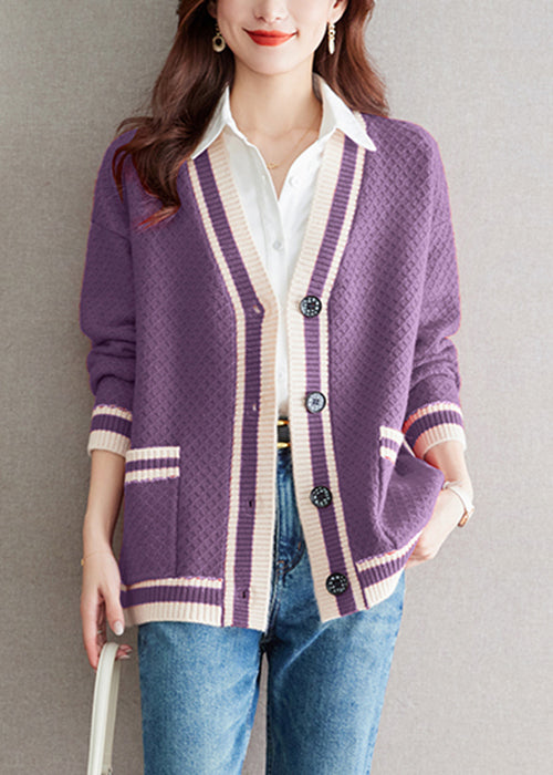 Purple Pockets Cozy Patchwork Knit Fall Cardigan V Neck QS024 OM-BB241010