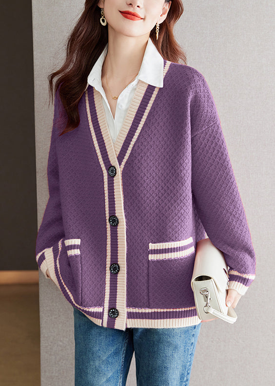 Purple Pockets Cozy Patchwork Knit Fall Cardigan V Neck QS024 OM-BB241010