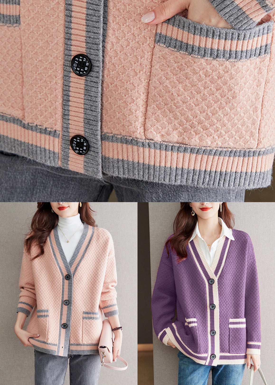 Purple Pockets Cozy Patchwork Knit Fall Cardigan V Neck QS024 OM-BB241010