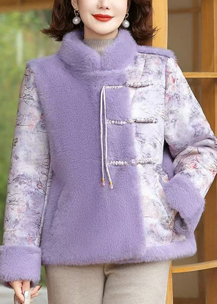 Purple Pockets Patchwork Mink Velvet Coat Stand Collar Winter RZ027 ABC