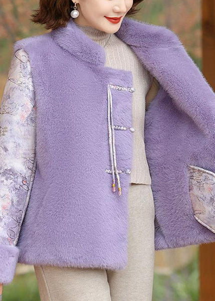 Purple Pockets Patchwork Mink Velvet Coat Stand Collar Winter RZ027 ABC