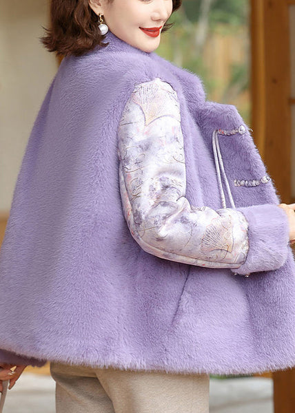 Purple Pockets Patchwork Mink Velvet Coat Stand Collar Winter RZ027 ABC