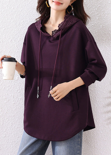 Cotton Pockets Hooded Fall Purple Sweatshirts Solid FashionChic