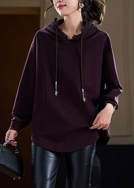 Cotton Pockets Hooded Fall Purple Sweatshirts Solid FashionChic