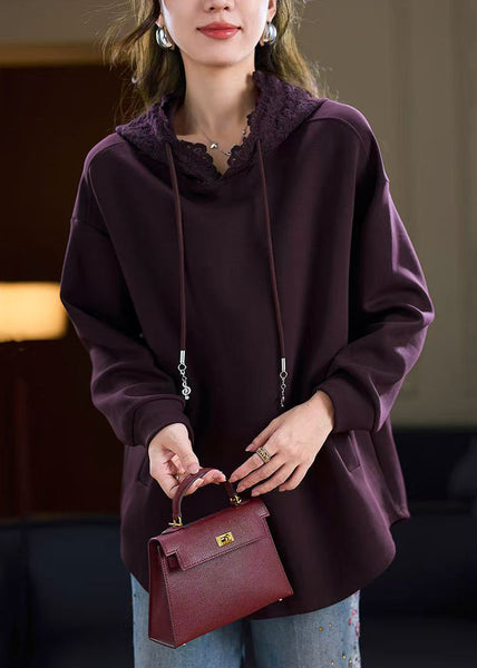 Cotton Pockets Hooded Fall Purple Sweatshirts Solid FashionChic