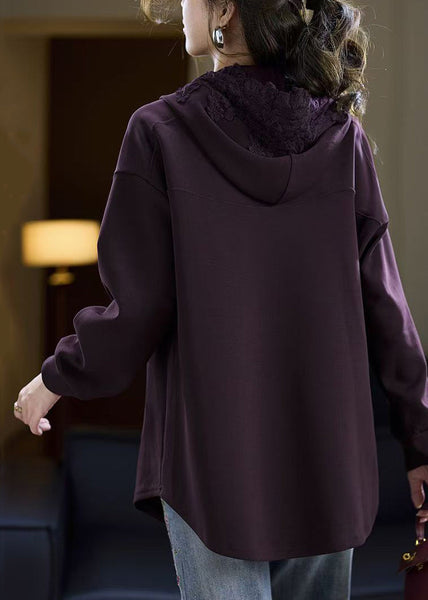Cotton Pockets Hooded Fall Purple Sweatshirts Solid FashionChic