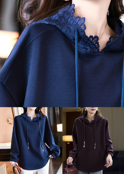 Cotton Pockets Hooded Fall Purple Sweatshirts Solid FashionChic