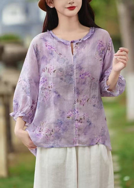 Sleeve Butterfly Shirt Print Button Linen Ruffled Purple FashionChic