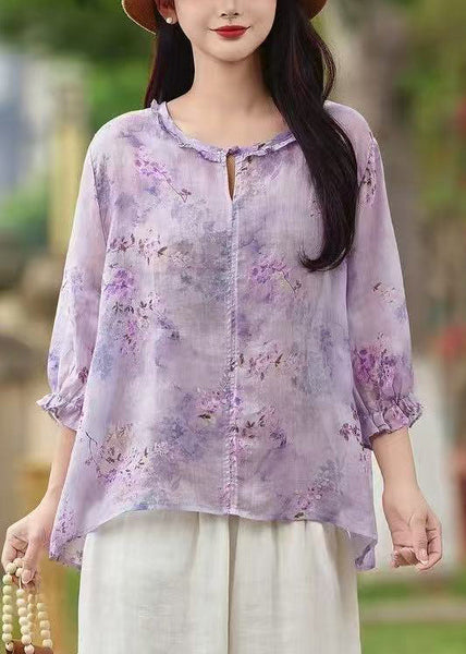 Sleeve Butterfly Shirt Print Button Linen Ruffled Purple FashionChic