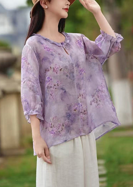 Sleeve Butterfly Shirt Print Button Linen Ruffled Purple FashionChic