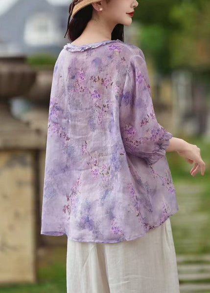 Sleeve Butterfly Shirt Print Button Linen Ruffled Purple FashionChic