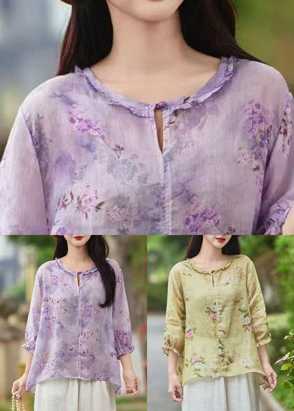 Sleeve Butterfly Shirt Print Button Linen Ruffled Purple FashionChic