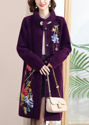 Purple Print Button Maxi Woolen Coats Spring TA031