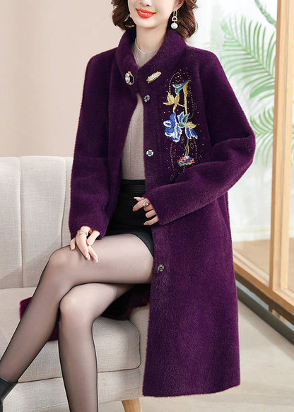 Purple Print Button Maxi Woolen Coats Spring TA031