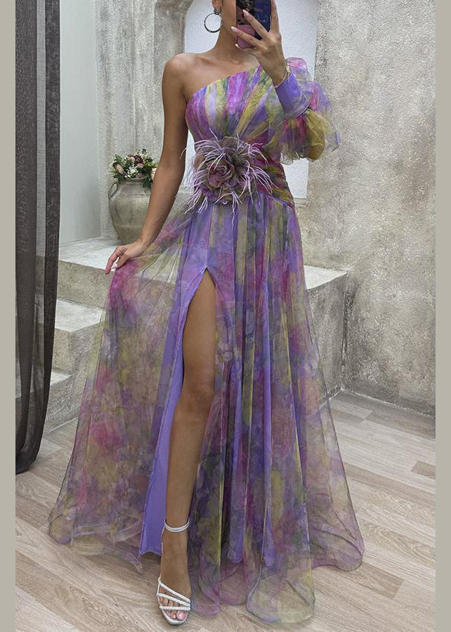 Dress Chiffon Purple Summer Open Shoulder Print Side One FashionChic