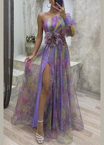Dress Chiffon Purple Summer Open Shoulder Print Side One FashionChic