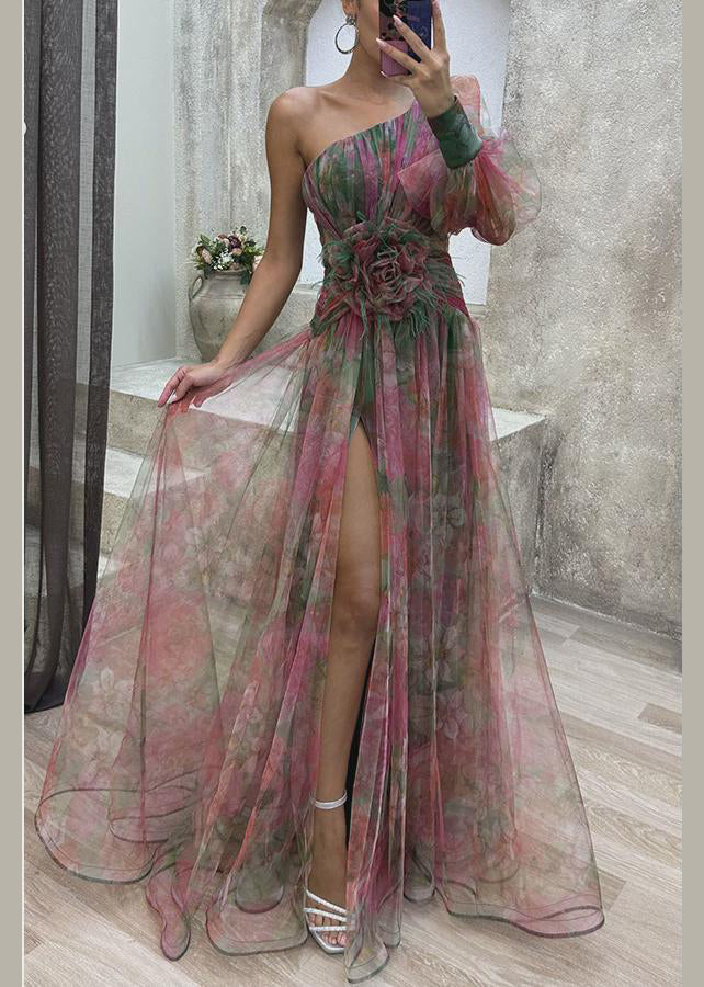 Dress Chiffon Purple Summer Open Shoulder Print Side One FashionChic