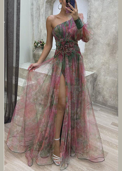 Dress Chiffon Purple Summer Open Shoulder Print Side One FashionChic