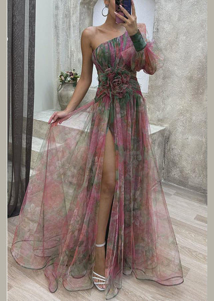 Dress Chiffon Purple Summer Open Shoulder Print Side One FashionChic