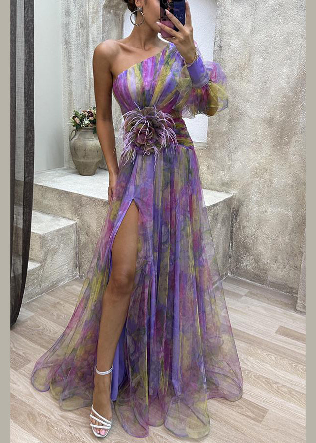 Dress Chiffon Purple Summer Open Shoulder Print Side One FashionChic