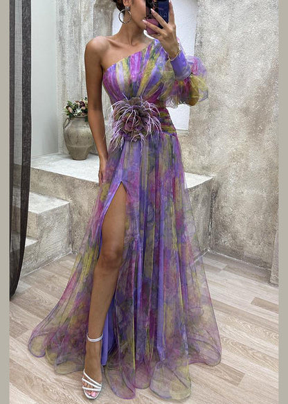 Dress Chiffon Purple Summer Open Shoulder Print Side One FashionChic