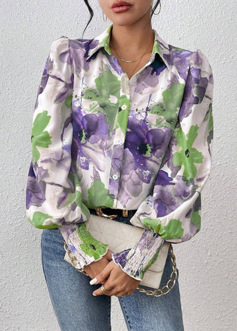 Pan Spring Cotton Collar Print Blouse Purple Peter FashionChic