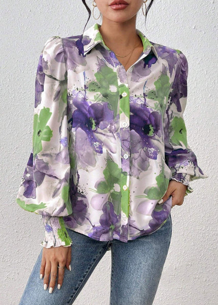 Pan Spring Cotton Collar Print Blouse Purple Peter FashionChic
