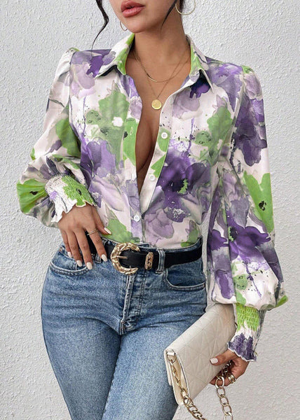 Pan Spring Cotton Collar Print Blouse Purple Peter FashionChic