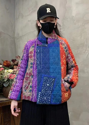 Purple Print Fine Cotton Filled Coats Mandarin Collar Winter YO020 ABC