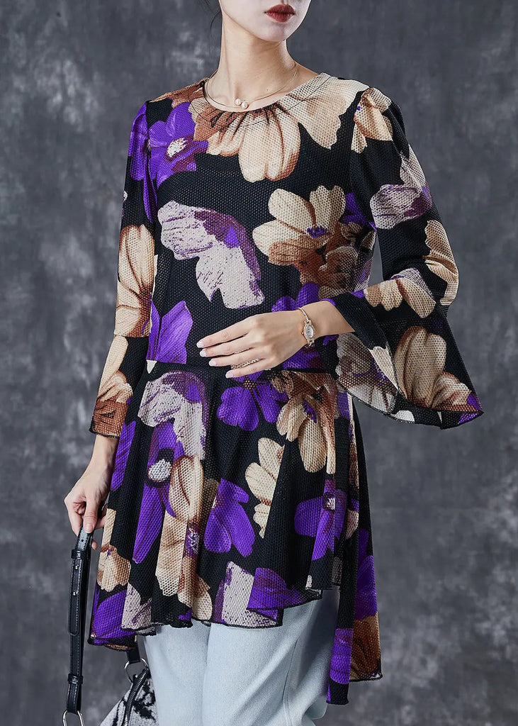 Purple Print Tulle Blouse Tops Exra Large Hem Flare Sleeve Ada Fashion