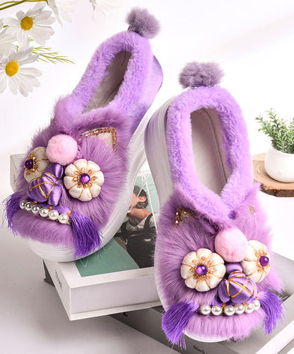 Purple Retro Handmade Fuzzy Wool Lined Splicing Platform Flats TQ055 ABC