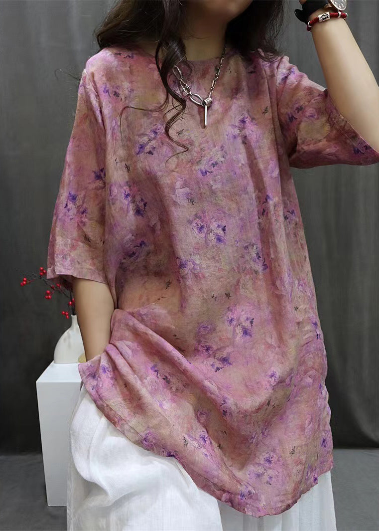 Purple Side Open Linen Blouse O-Neck Summer VV094 HS-HTP240627