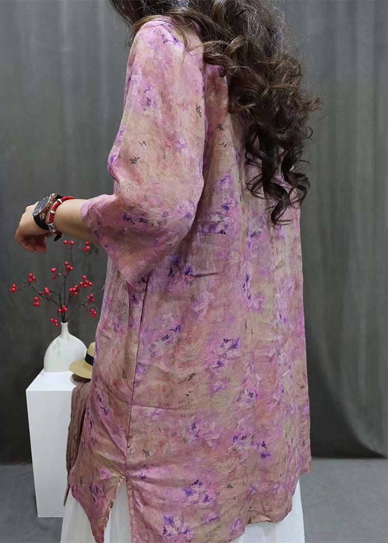 Purple Side Open Linen Blouse O-Neck Summer VV094 HS-HTP240627
