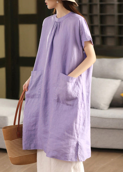 O Open Neck Linen Solid Dress Purple Side FashionChic