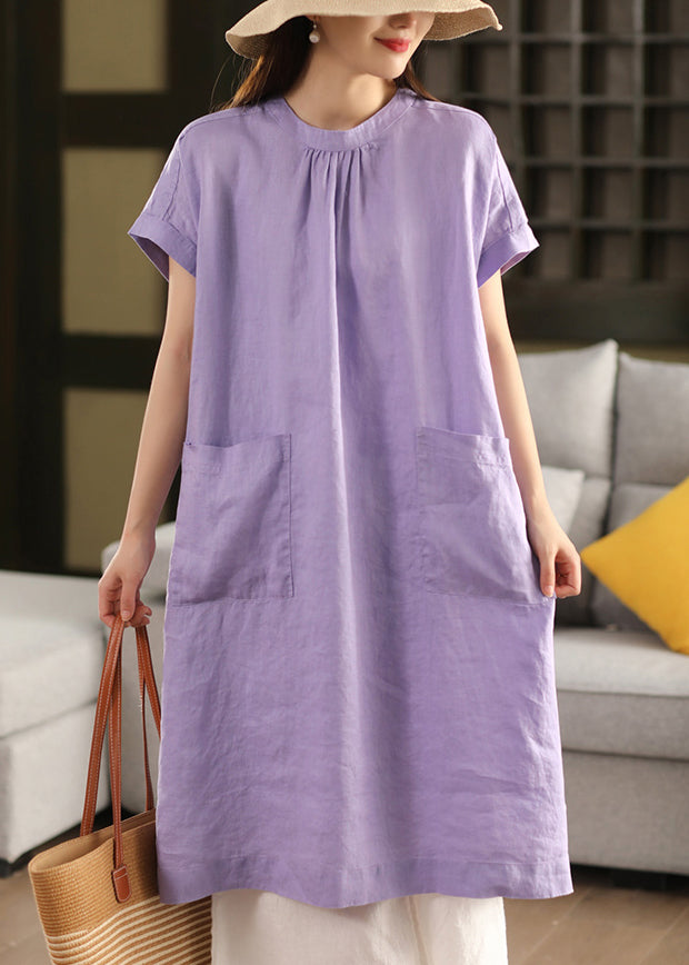 O Open Neck Linen Solid Dress Purple Side FashionChic