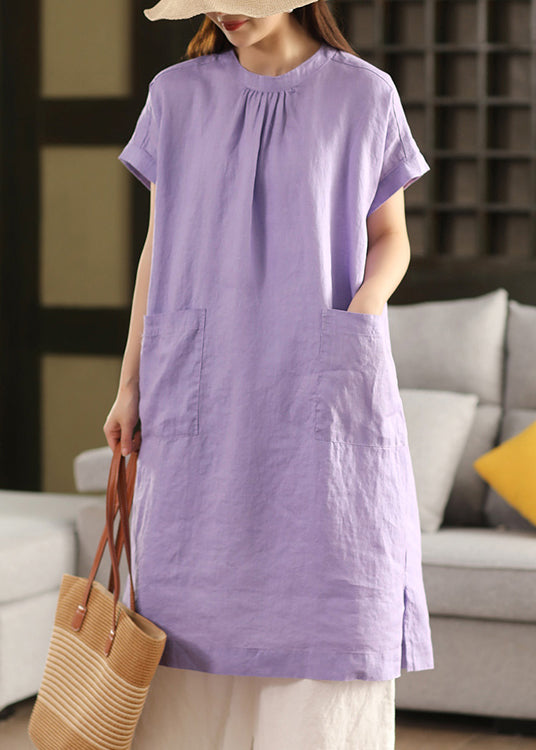 O Open Neck Linen Solid Dress Purple Side FashionChic