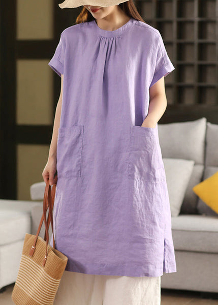 O Open Neck Linen Solid Dress Purple Side FashionChic