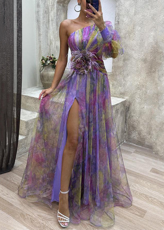 Purple Side Open Tulle Long Dress One Shoulder Summer WW1033 Ada Fashion