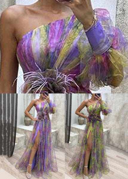 Purple Side Open Tulle Long Dress One Shoulder Summer WW1033 Ada Fashion