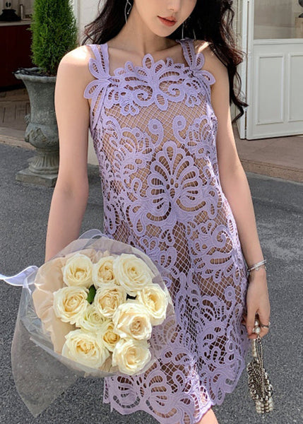 Lace Hollow Solid Spaghetti Strap Dress Summer Purple Out FashionChic