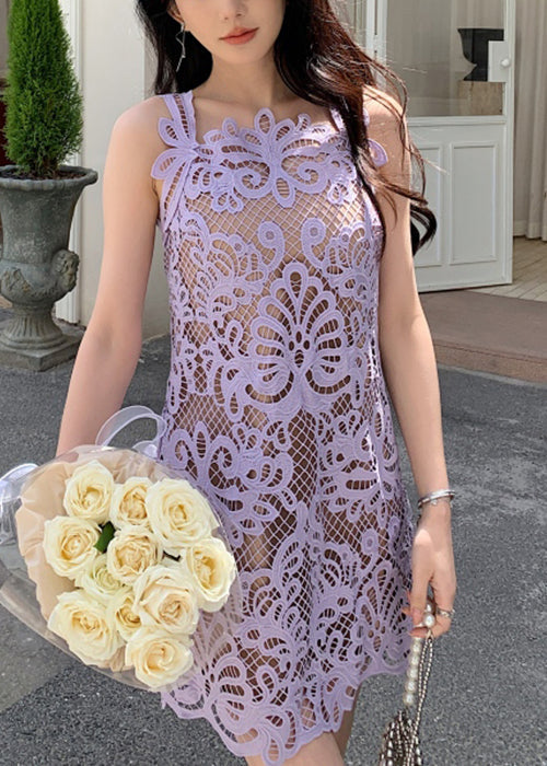 Lace Hollow Solid Spaghetti Strap Dress Summer Purple Out FashionChic