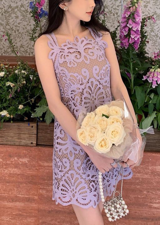 Lace Hollow Solid Spaghetti Strap Dress Summer Purple Out FashionChic