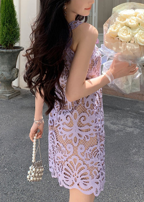 Lace Hollow Solid Spaghetti Strap Dress Summer Purple Out FashionChic