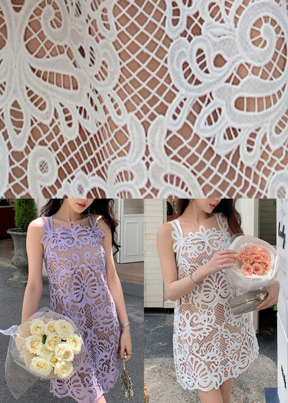 Lace Hollow Solid Spaghetti Strap Dress Summer Purple Out FashionChic