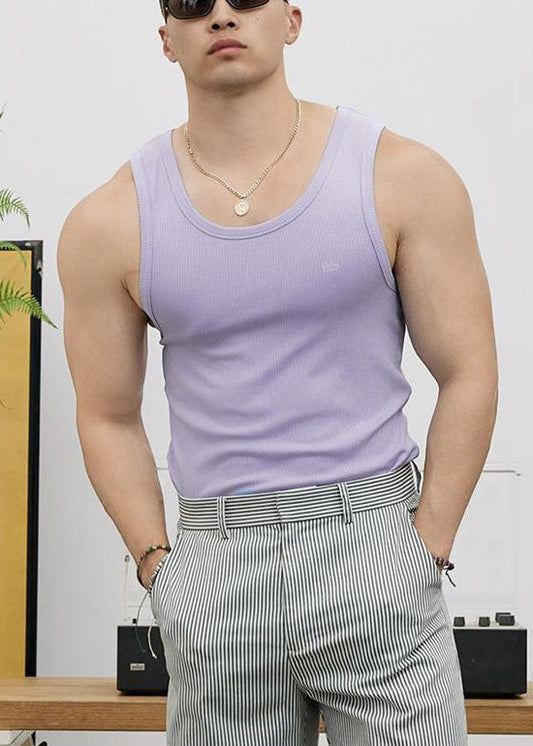 Neck O Men Cotton Slim Purple Tank Fit Solid Sleeveless FashionChic