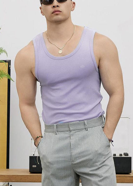 Neck O Men Cotton Slim Purple Tank Fit Solid Sleeveless FashionChic