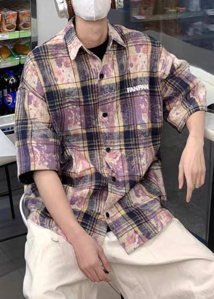 Men Shirts Tie Oversized Cotton Pan Dye Summer Peter Purple FashionChic