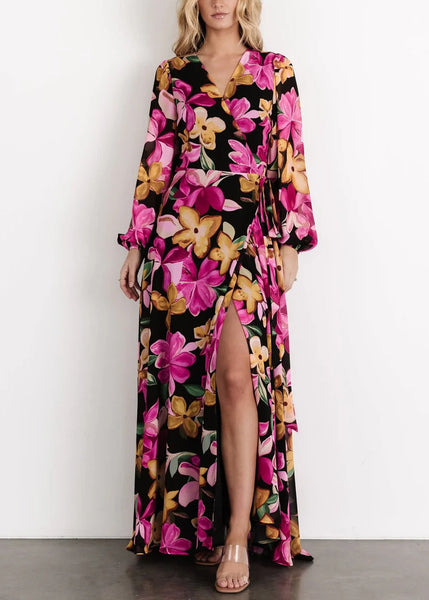 Purple Tie Waist Cotton Long Dress V Neck Long Sleeve AU1023 OM-ZS240902